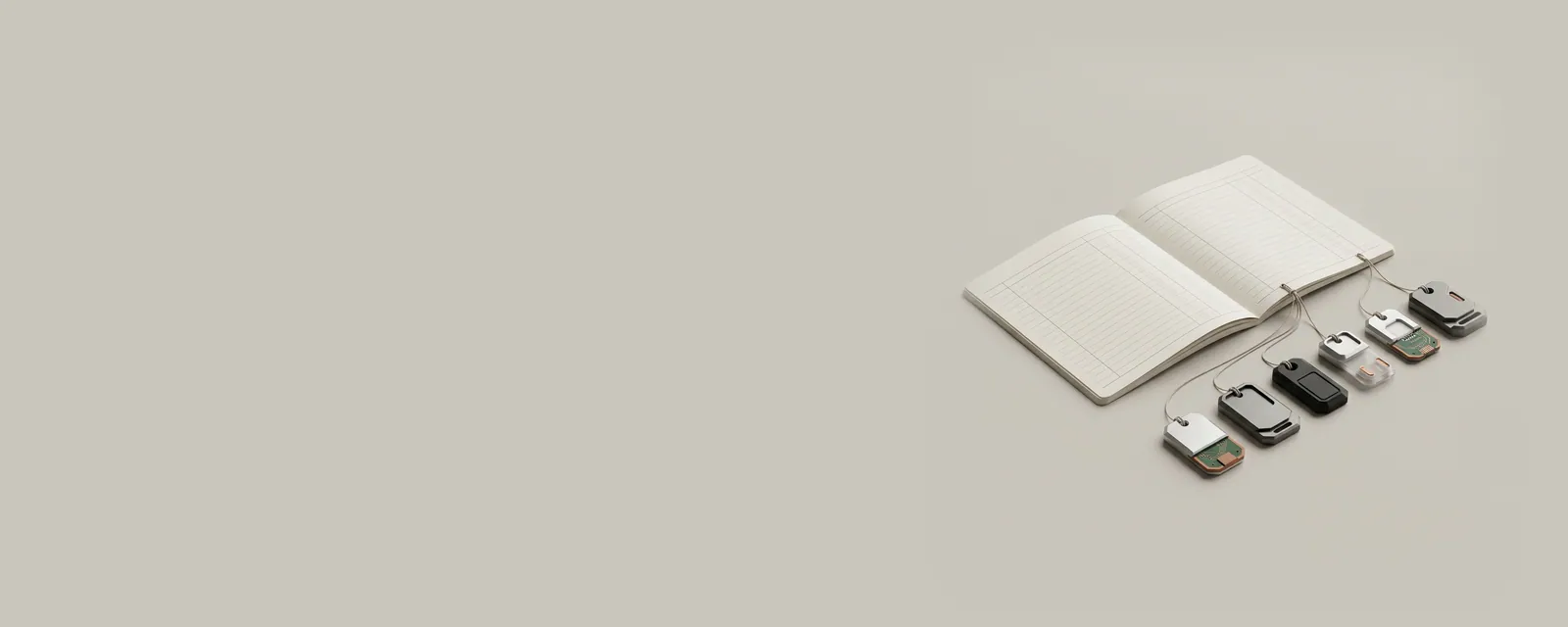 Studio render of an open ledger beside a row of small machined tokens, each tied to the page by a fine thread
