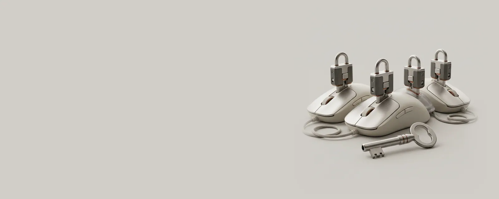 Studio render of one large steel key in front of a row of identical locks fitted to several similar mice