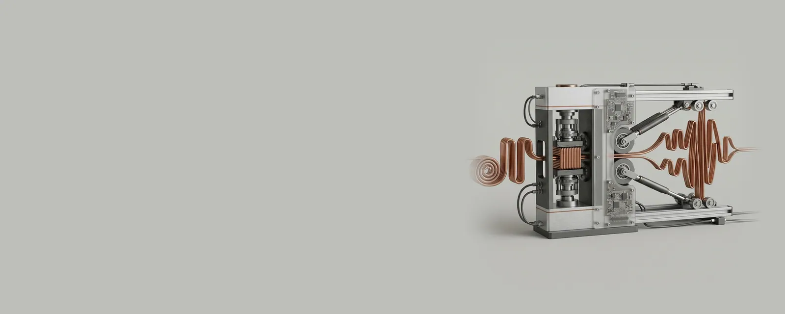 Studio render of a precision press compressing a long copper waveform into a compact block and expanding it out again