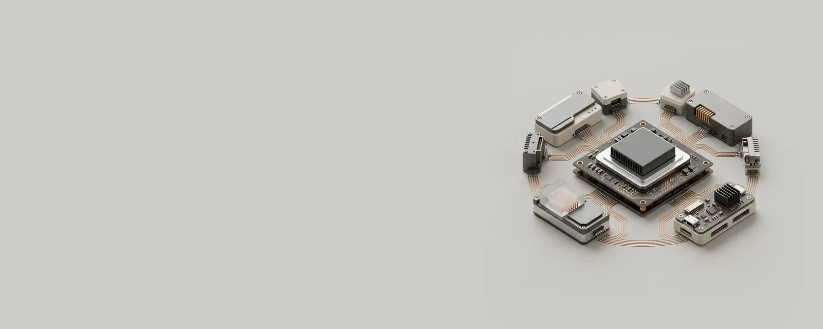 Studio render of a central controller chip on a board with several small devices arranged in a semicircle and linked by traces