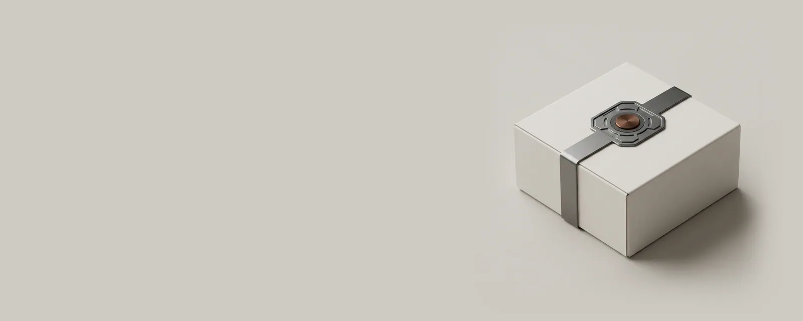 Studio render of a pressed metal seal on a sealed matte package box with a thin band around it