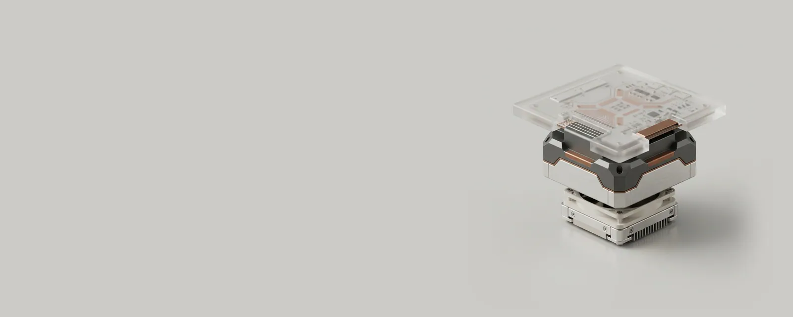Studio render of a single machined adapter block seated between a frosted system plane above and a small device below