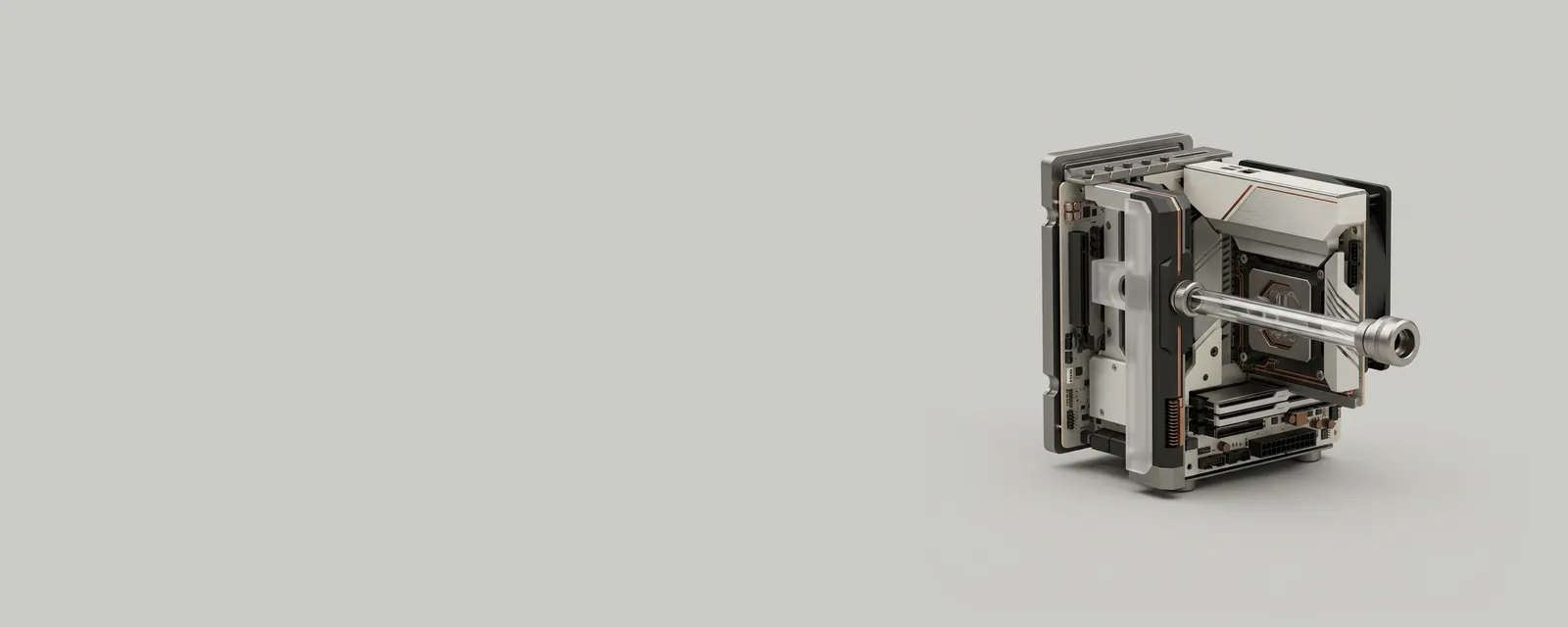 Studio render of a single glass tube terminating in a machined port on the side of a small device