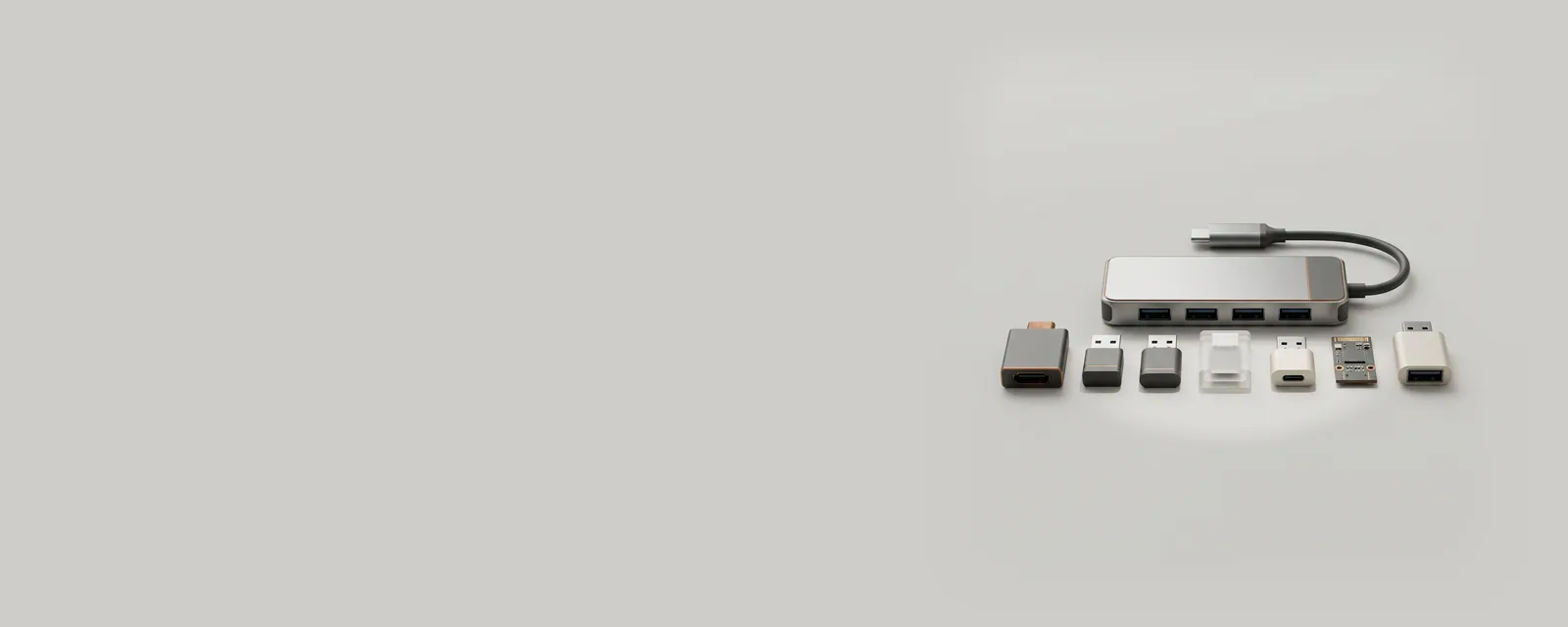 Studio render of a USB hub with small devices lined up in front of it, each lit in turn by a narrow spotlight beam