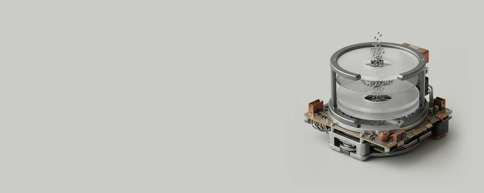 Studio render of a fine mesh layer sitting inside a stack of frosted discs, steel beads passing through it