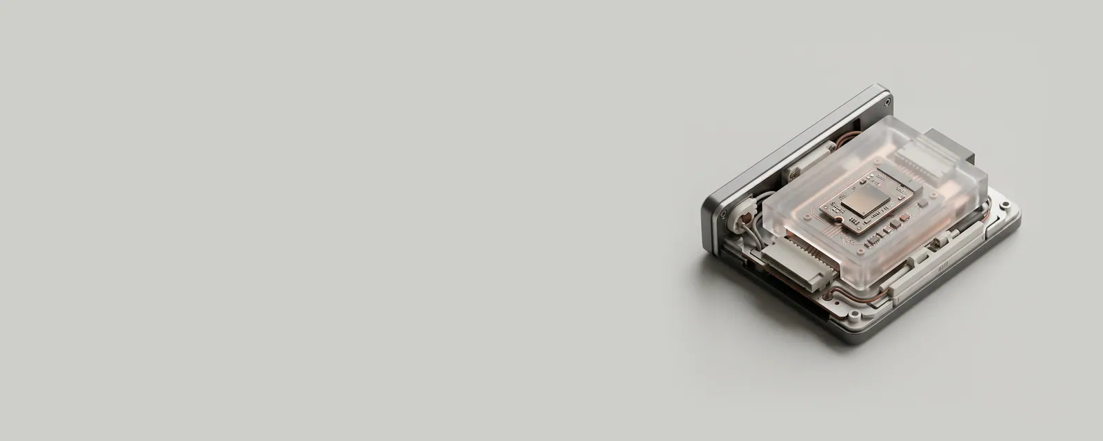 Studio render of a small flash chip embedded inside a translucent device housing, faintly lit from within