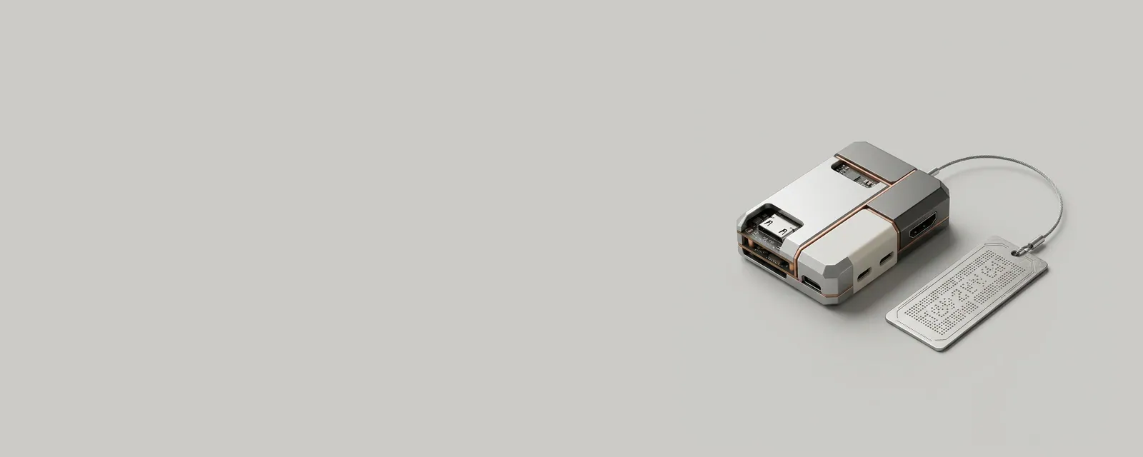 Studio render of an etched metal tag with a unique dot-matrix pattern tethered to a small device by a fine steel cable
