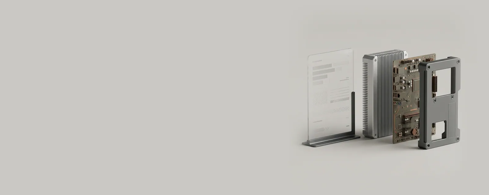 Studio render of a frosted acrylic instruction card with abstract bars in a slim stand beside separated device parts