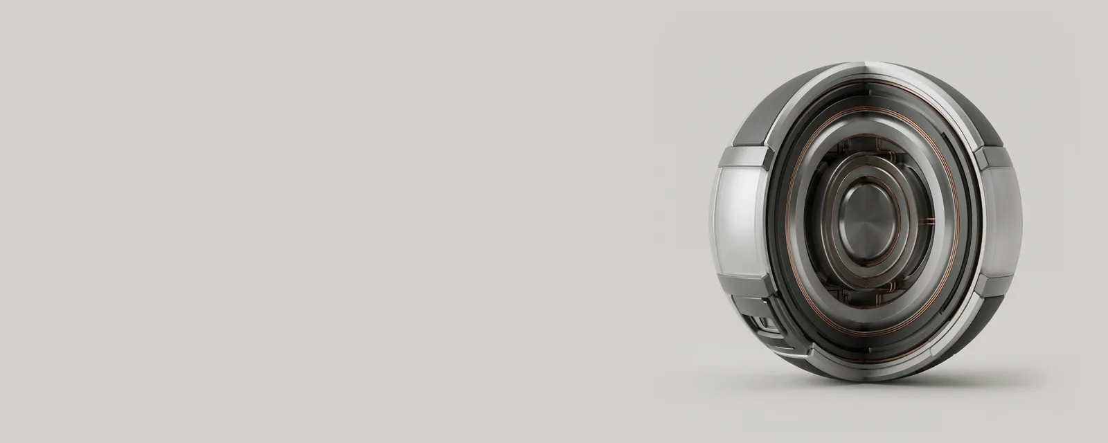 Studio render of a cross-sectioned machined sphere revealing a dense metallic core within concentric protective rings