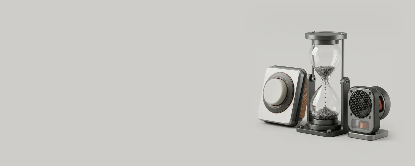 Studio render of a glass hourglass between a push button and a small speaker, steel beads passing its narrow neck