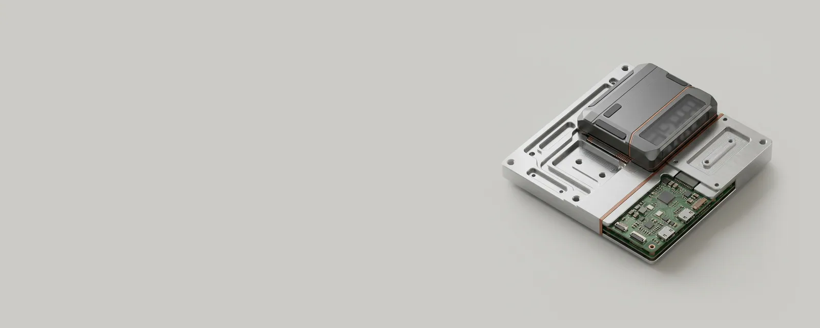 Studio render of a device-shaped machined piece clicking into a matching cutout in a precise aluminium board