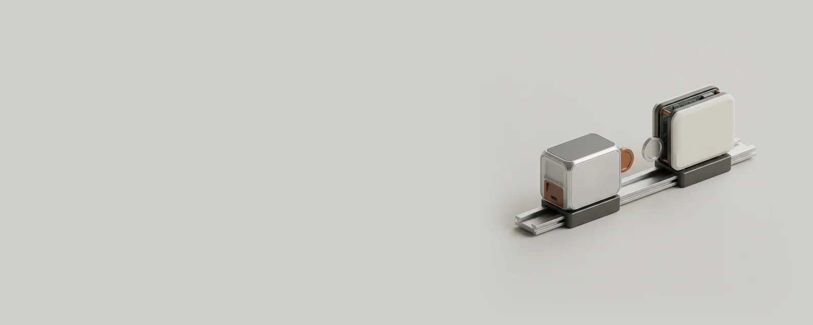 Studio render of two small devices on a shared rail exchanging machined tokens in a strict alternating sequence