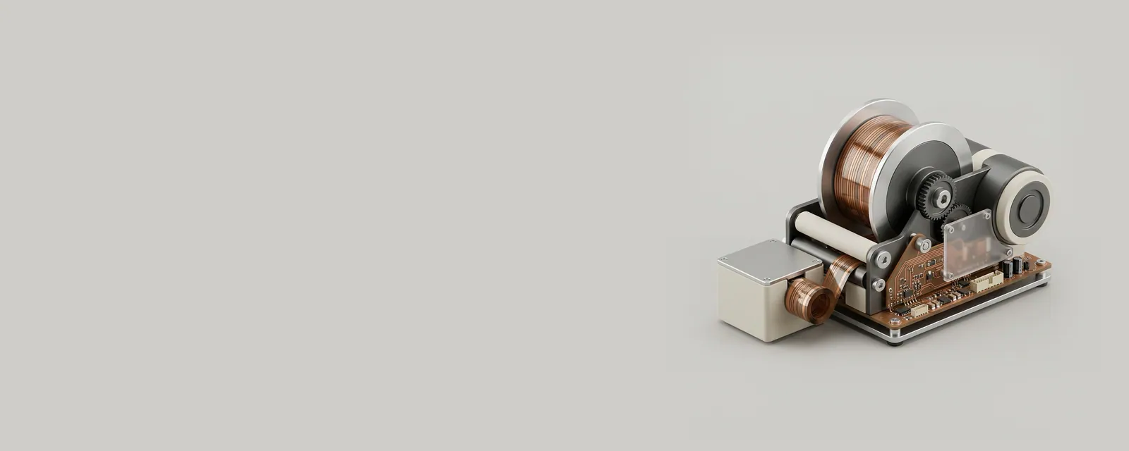 Studio render of a precision spool rewinding a thin ribbon back toward a small package box placed earlier along it