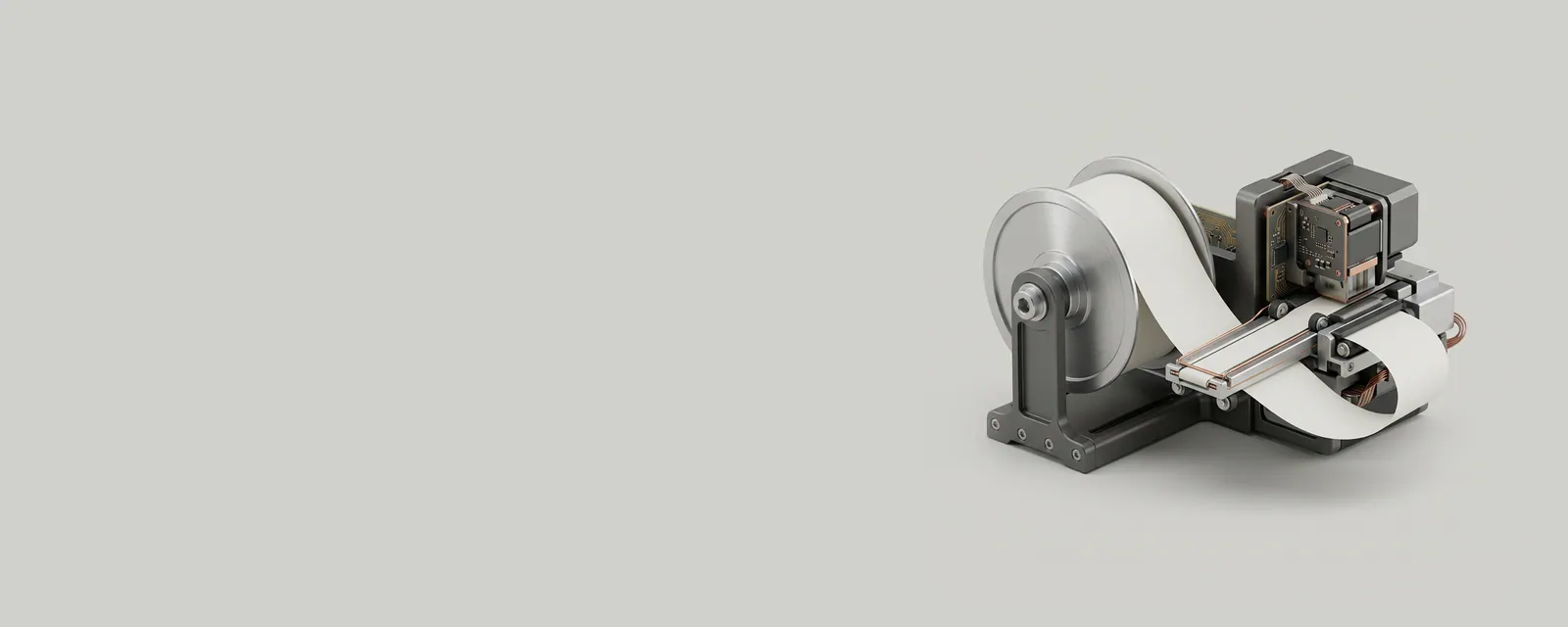 Studio render of a brushed metal spool holding a wound ribbon of tiny paper sheets unrolling toward a printer