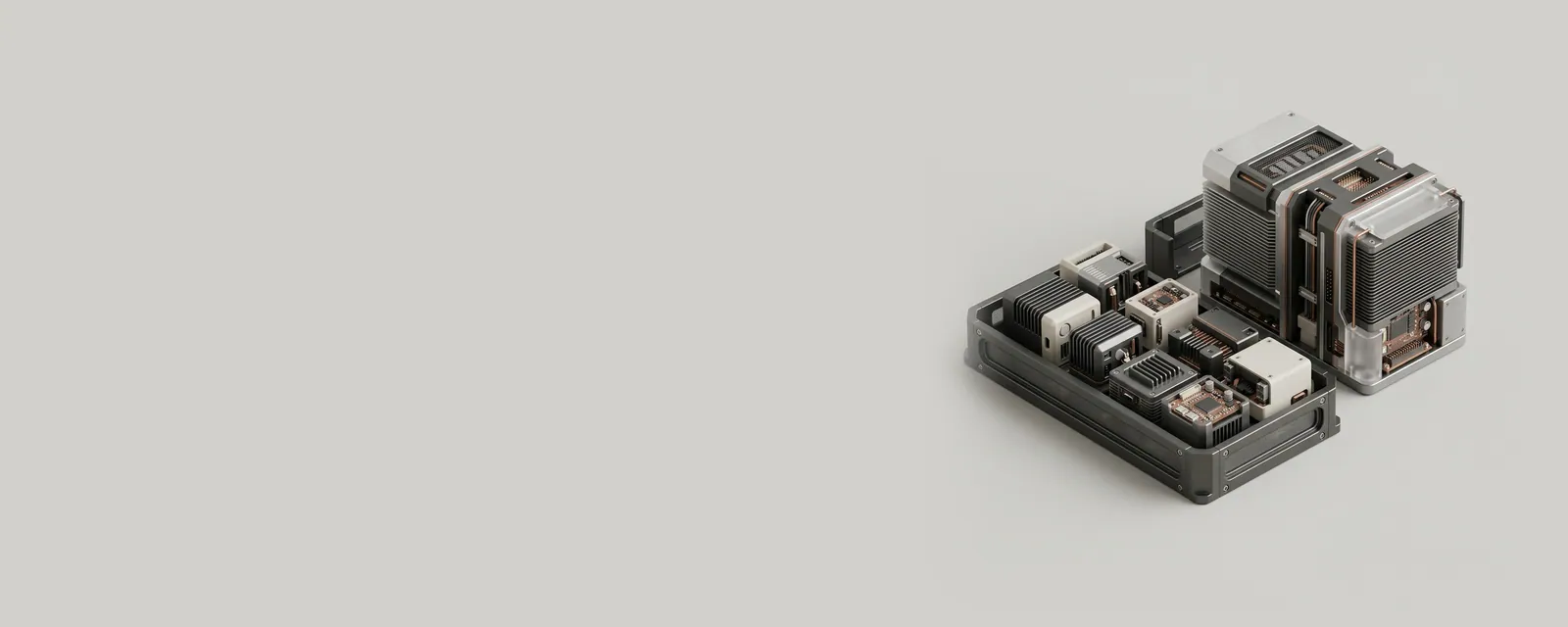 Studio render of small application blocks inside a low aluminium fence, separated by a gap from a guarded central core