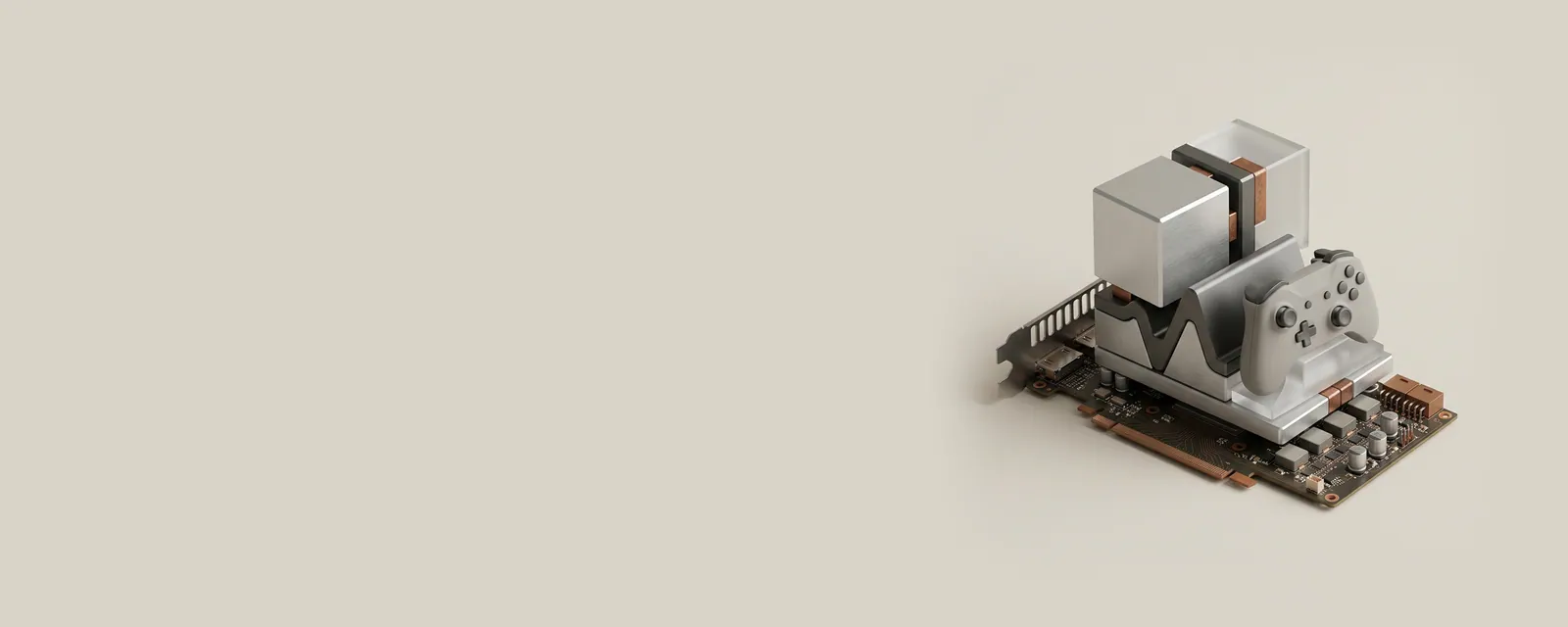 Studio render of a graphics card with machined multimedia blocks stacked on it: a cube, a waveform and a small gamepad