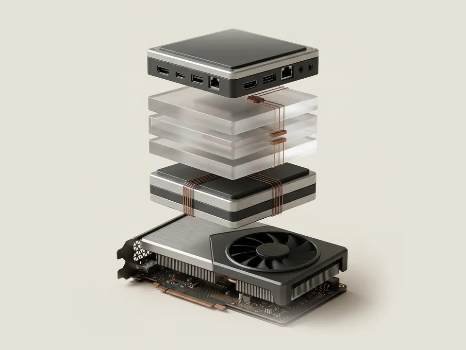Technical diagram: a technical diagram of stacked frosted slabs from an application block down through interface layers to a graphics card