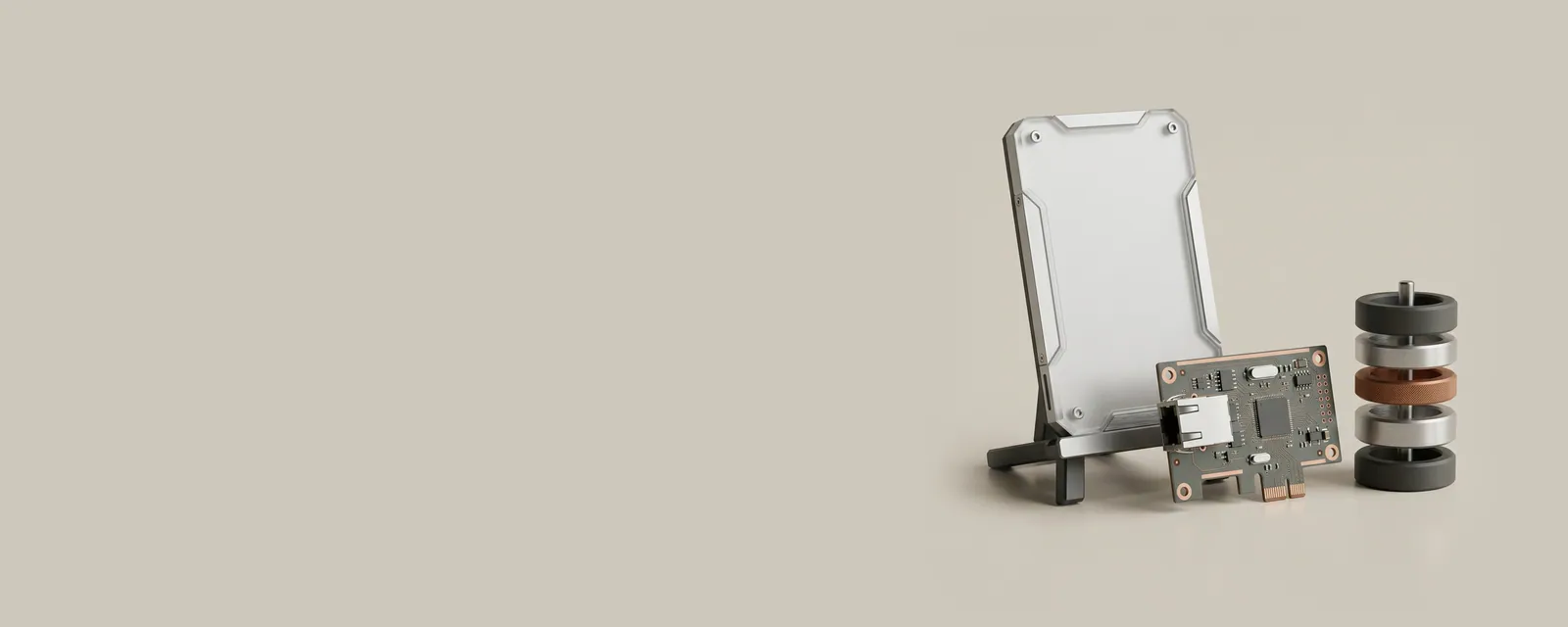 Studio render of a frosted acrylic properties panel standing on a desk easel beside a small network card, a slider of four stacked rings