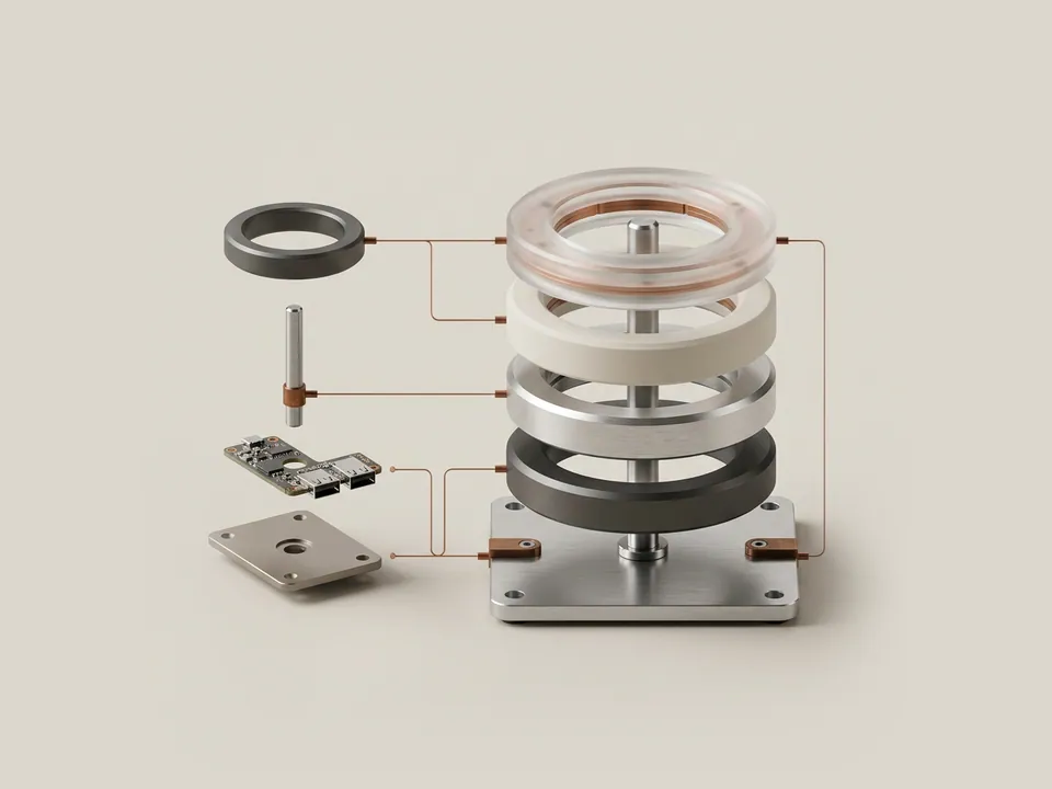 Technical diagram: a technical diagram of four machined rings stacked on a steel peg, each ring a different anodised tone, showing successive releases