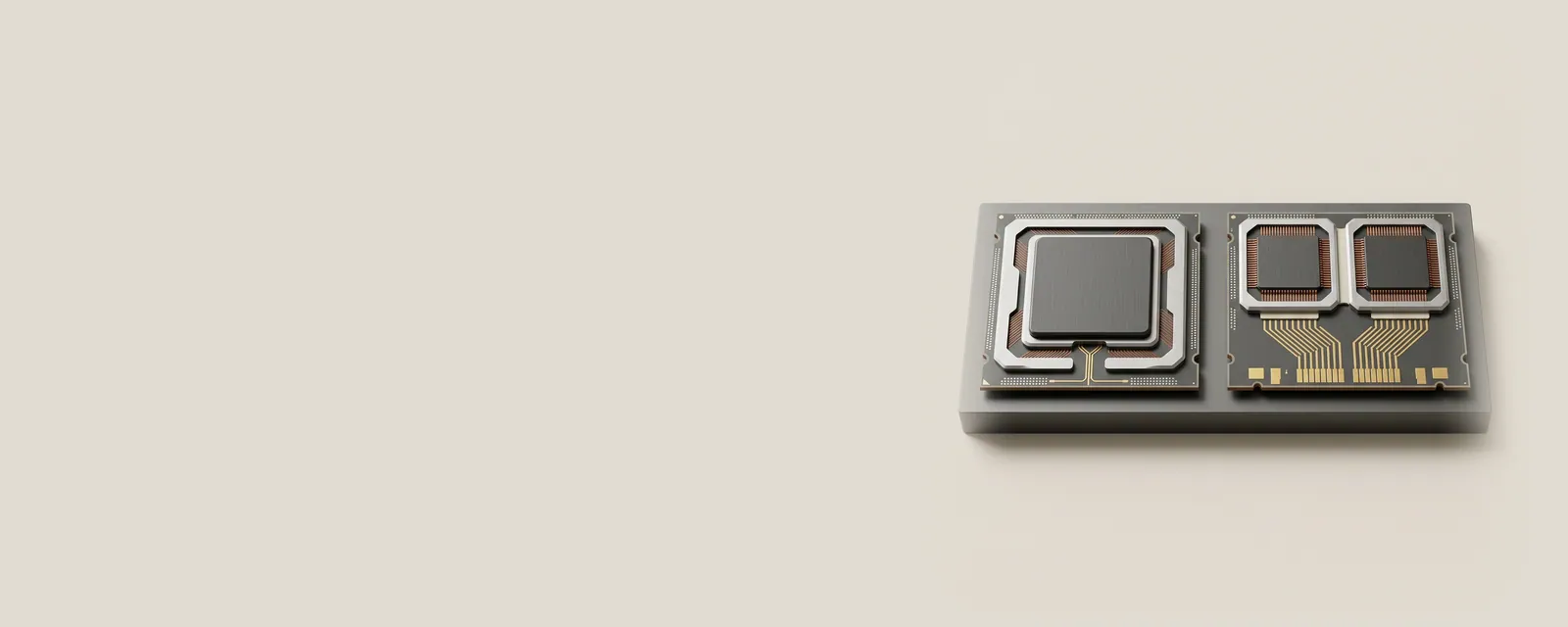 Studio render of two processor packages on a plinth, one with a narrow single bus lane and one with a wide double lane