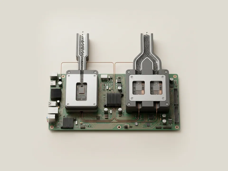Technical diagram: a technical diagram of steel beads entering two processors, a narrow single lane and a broad double lane