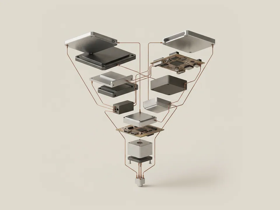 Technical diagram: a technical diagram of a machined funnel narrowing from broad shapes at the top to one precise shape at the bottom