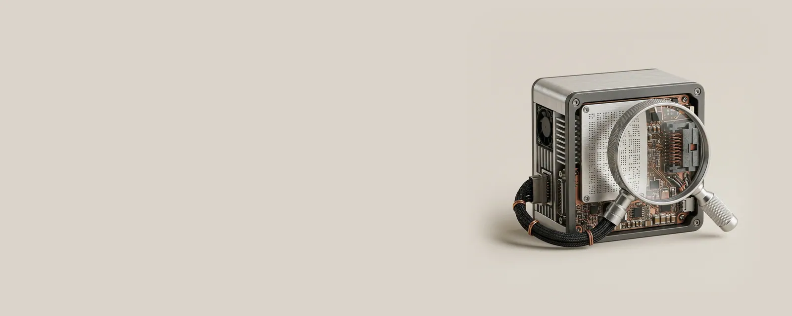 Studio render of an aluminium loupe over the rear of a small device revealing an etched dot-matrix identification plate