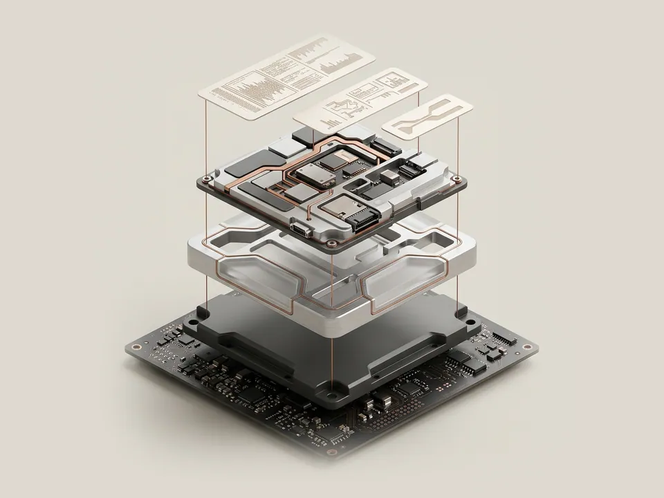 Technical diagram: an exploded technical diagram of a device lifting off a board with three thin etched tags fanning above it from most to least specific