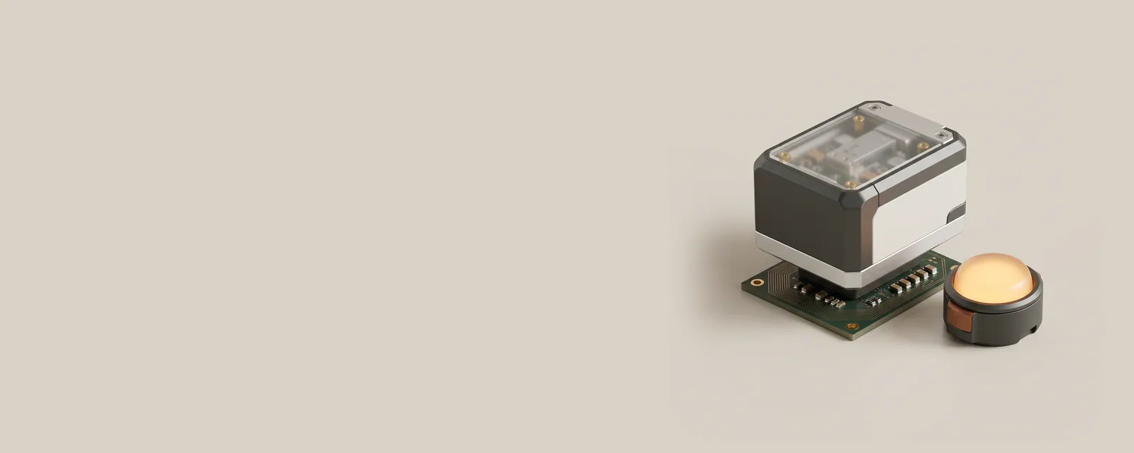 Studio render of a small device on a pedestal beside a round indicator lamp glowing a calm warm amber