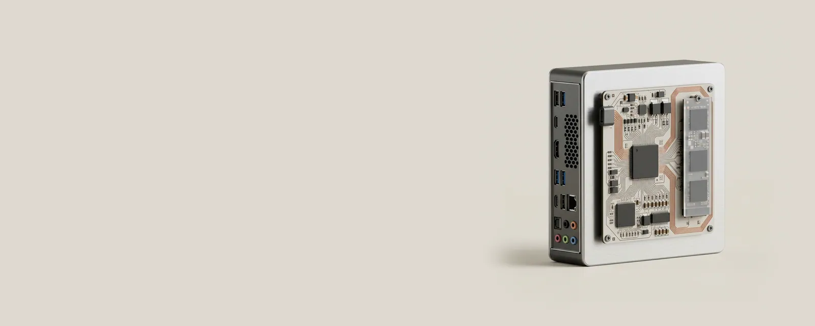 Studio render of a desktop tower rear panel with a fine copper path traced from one port through a controller to a highlighted device