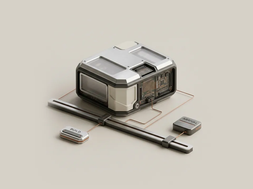 Technical diagram: a technical diagram of a package box resting on a machined timeline bar with two separate markers, one for build and one for arrival