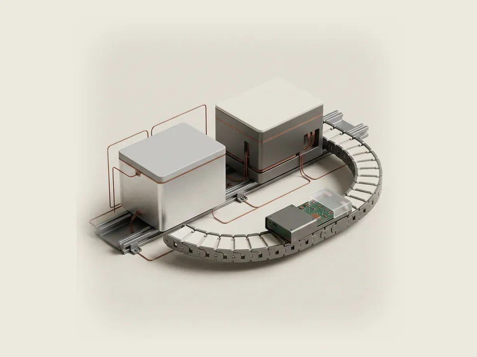 Technical diagram: a technical diagram of two package boxes on a steel rail, a curved return track carrying the device from the newer box to the older