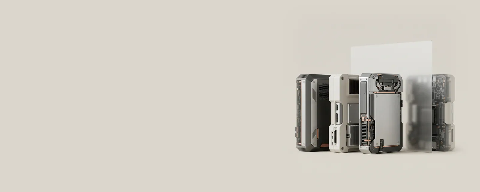 Studio render of a frosted glass screen slid aside revealing faint translucent devices standing behind a row of solid ones
