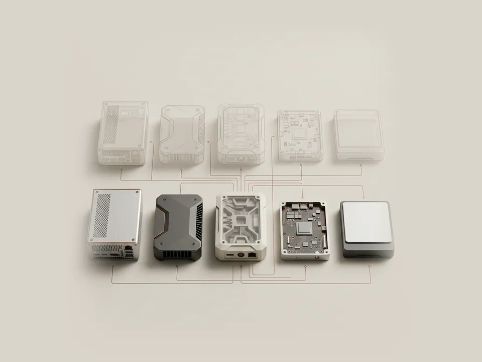 Technical diagram: a technical diagram of two shelves, a front shelf of solid devices and a rear shelf of faint translucent devices