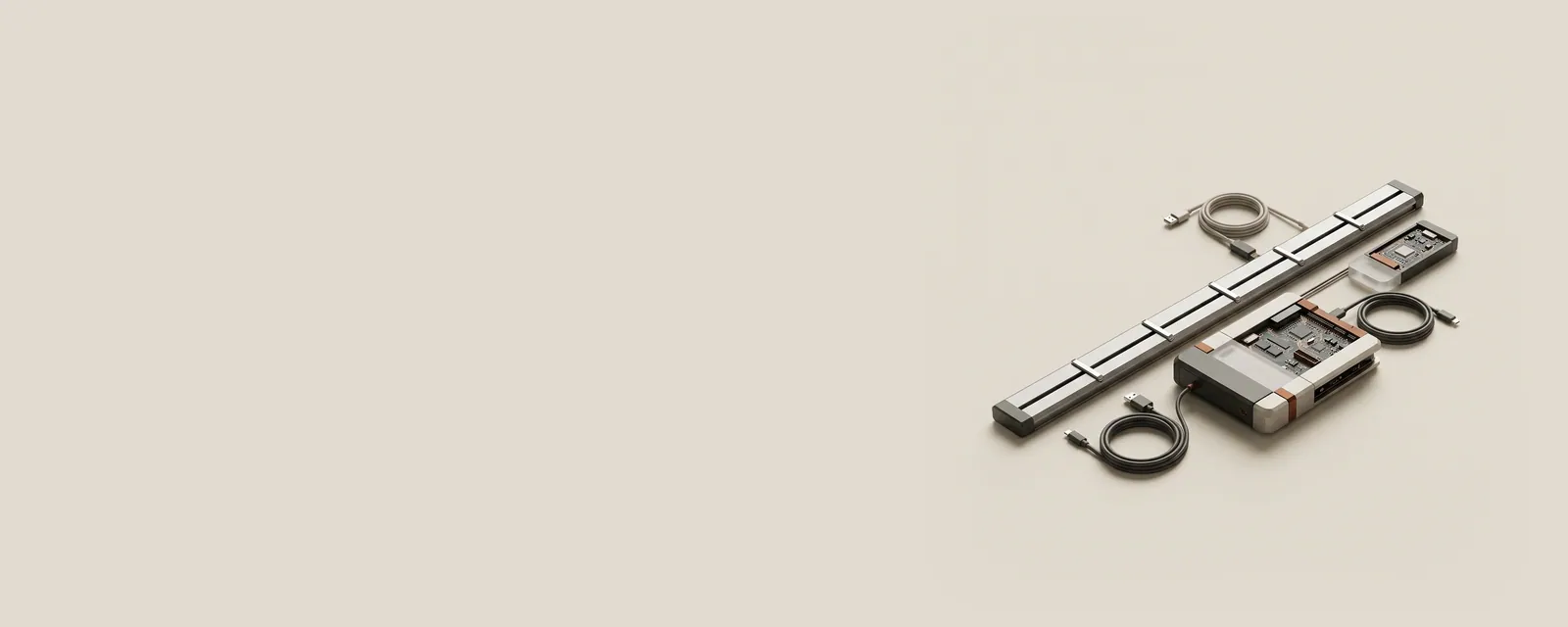 Studio render of a long machined timeline rail with polished markers at intervals extending back from a small device
