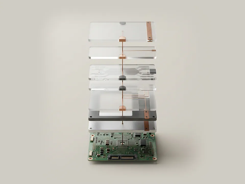 Technical diagram: a technical diagram of a vertical stack of thin acrylic cards with polished markers for configured, started and changed moments