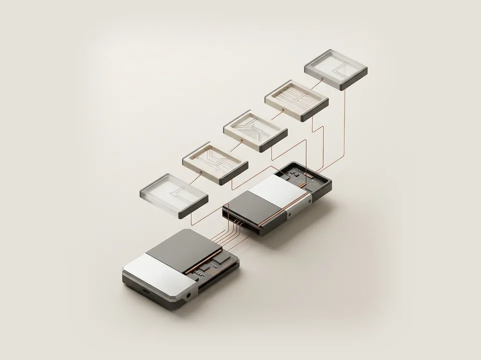 Technical diagram: an exploded technical view of a driver package spreading into separate file tokens linked to a device by fine copper threads