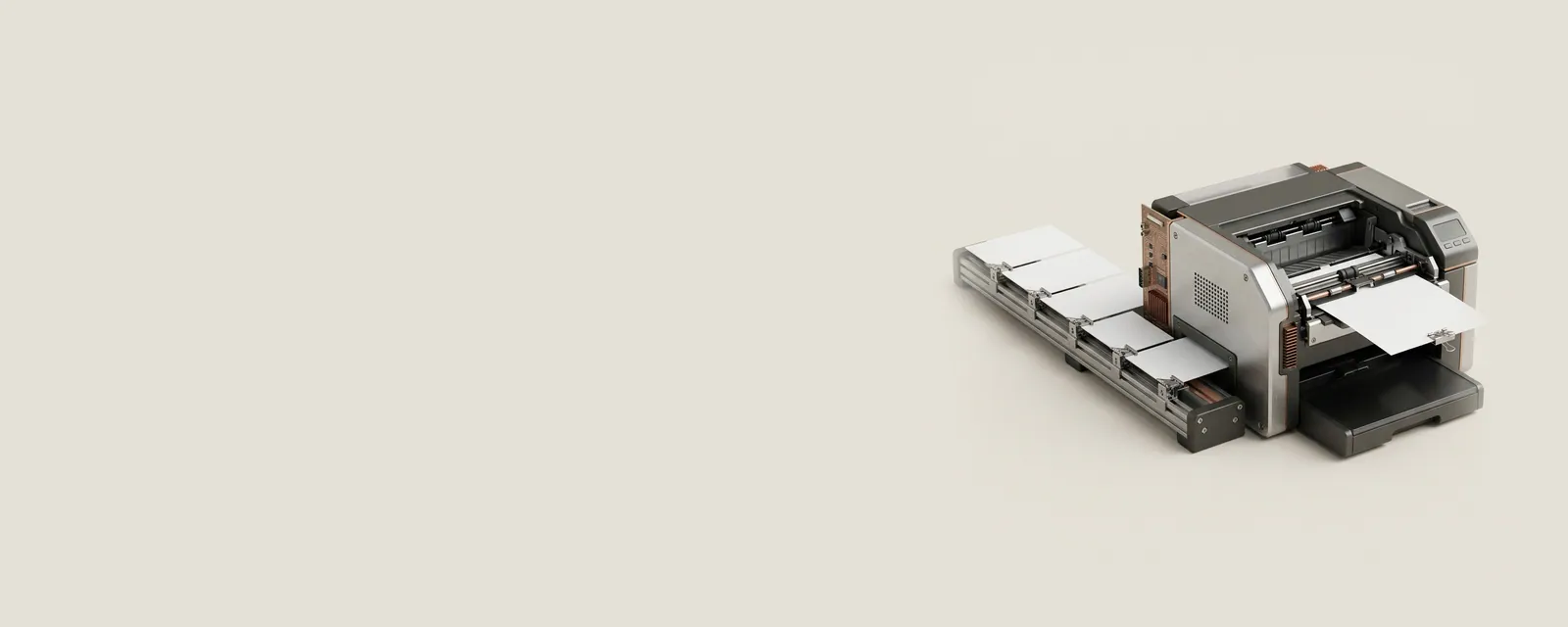 Studio render of a printer at the end of a short line of blank sheets on a rail, one held by a small steel clip