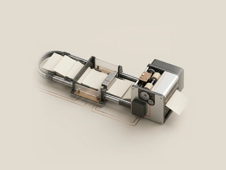 Technical diagram: a technical diagram of a looping rail of blank sheets passing a waiting area, a steel pause clip and a printer at the end