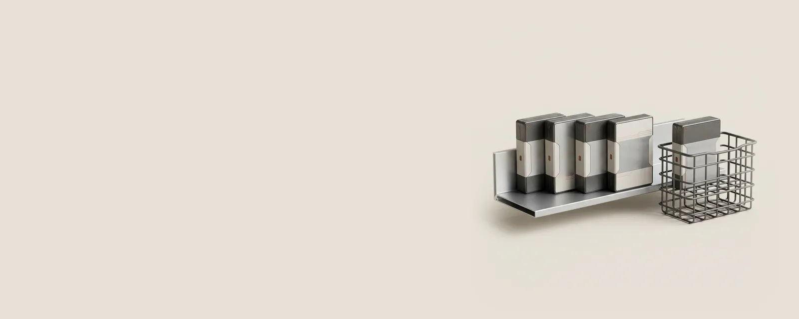 Studio render of a slim aluminium shelf of small sealed package boxes, one placed into a wire tray and the rest left in place