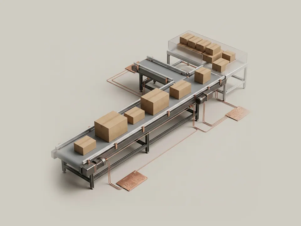 Technical diagram: a technical diagram of a main conveyor of package boxes with a narrow side branch holding optional boxes in a separate tray