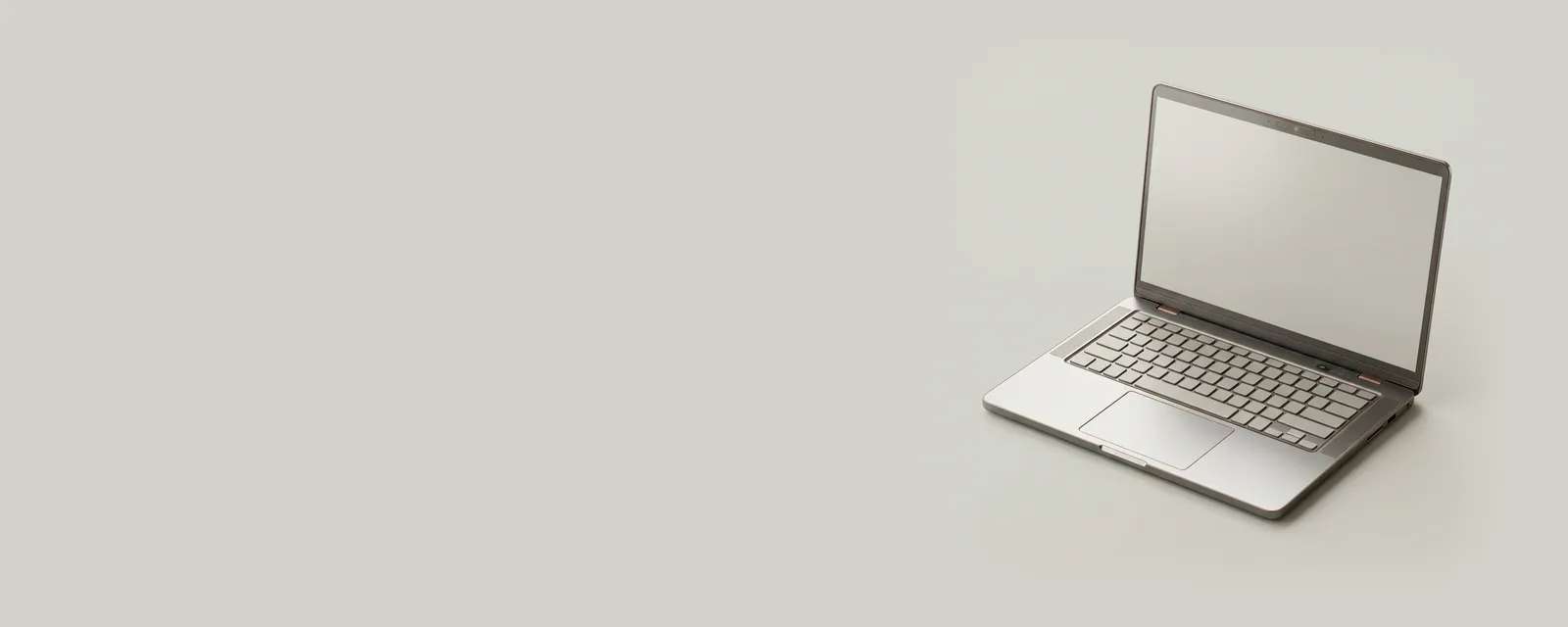 Studio render of an aluminium laptop seen from above with touchpad, keyboard, webcam and sensors outlined by fine copper hairlines