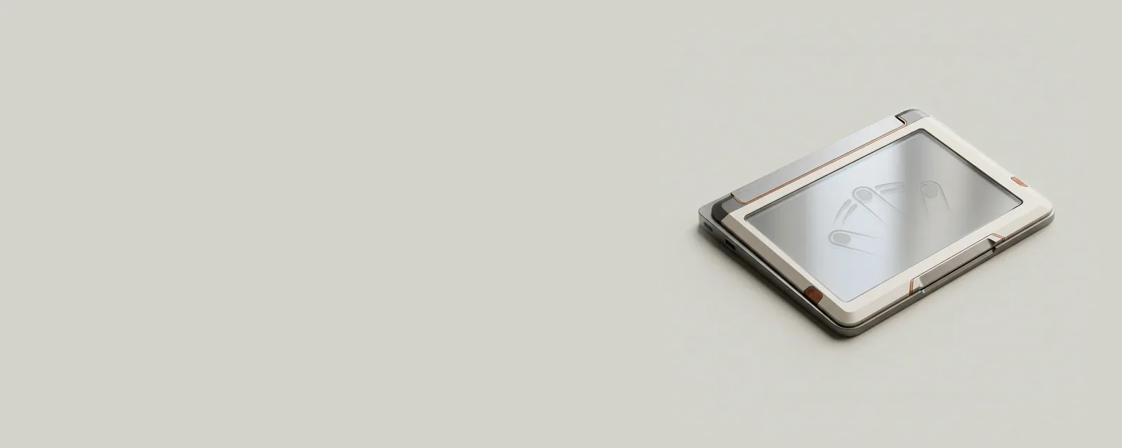 Studio render of a close render of a glass laptop touchpad with three light contact points and faint motion trails engraved across its surface