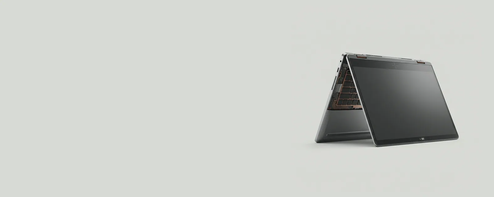 Studio render of a convertible laptop folded into tent mode with hairline orientation axes and a small light sensor highlighted on the bezel