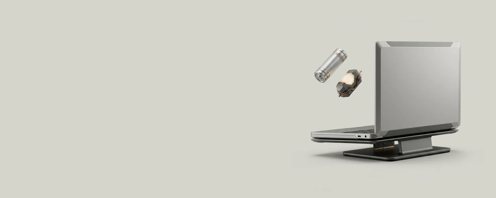 Studio render of a closed aluminium laptop on a slim docking stand, a battery cell and a sleep indicator rendered as small floating machined objects