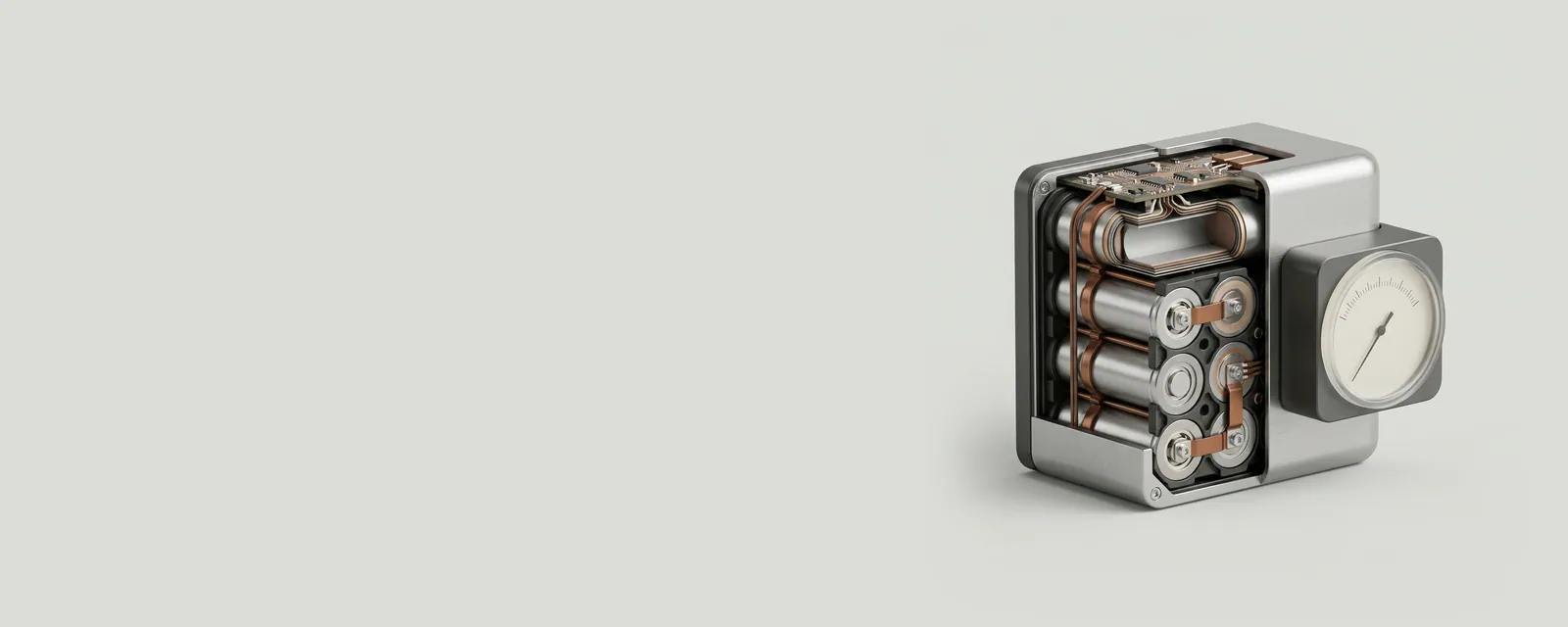 Studio render of a cutaway lithium battery pack revealing stacked cells, beside a small analogue gauge with a fine needle