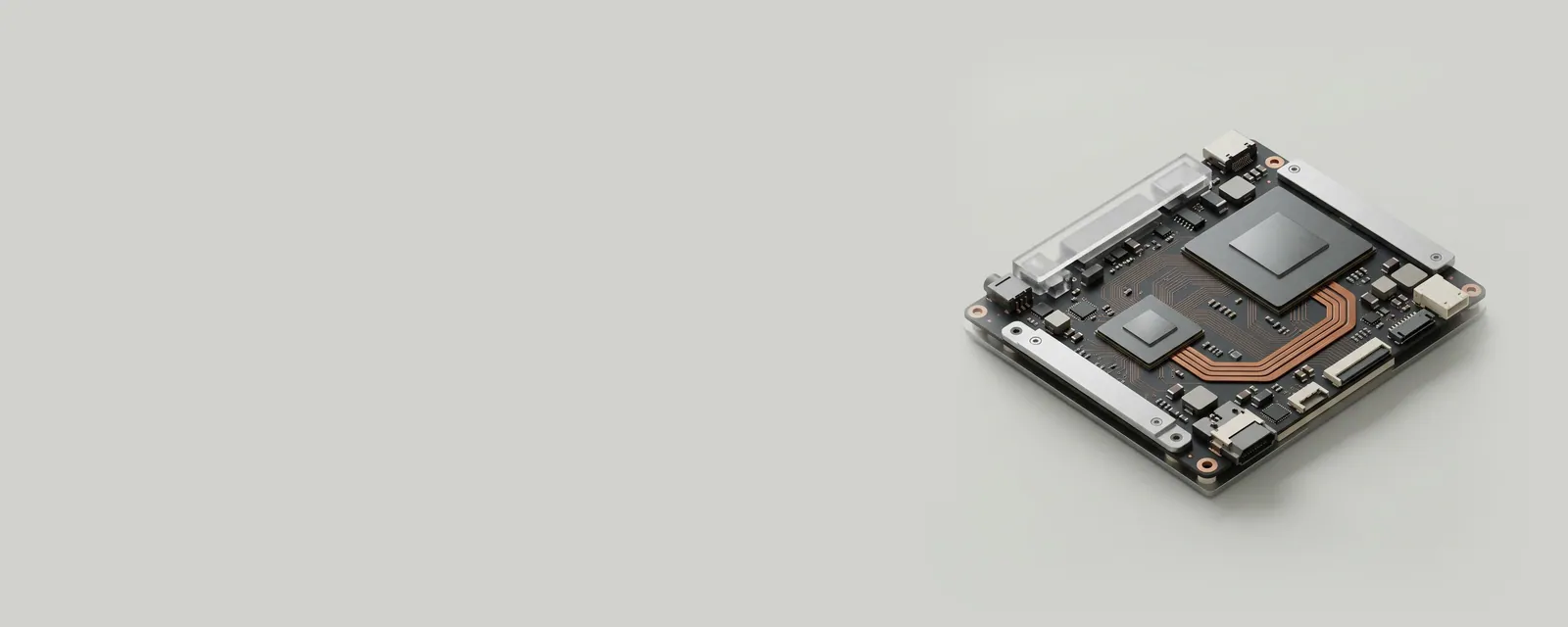 Studio render of two graphics chips of different sizes on a laptop mainboard, a highlighted copper switching path routing between them