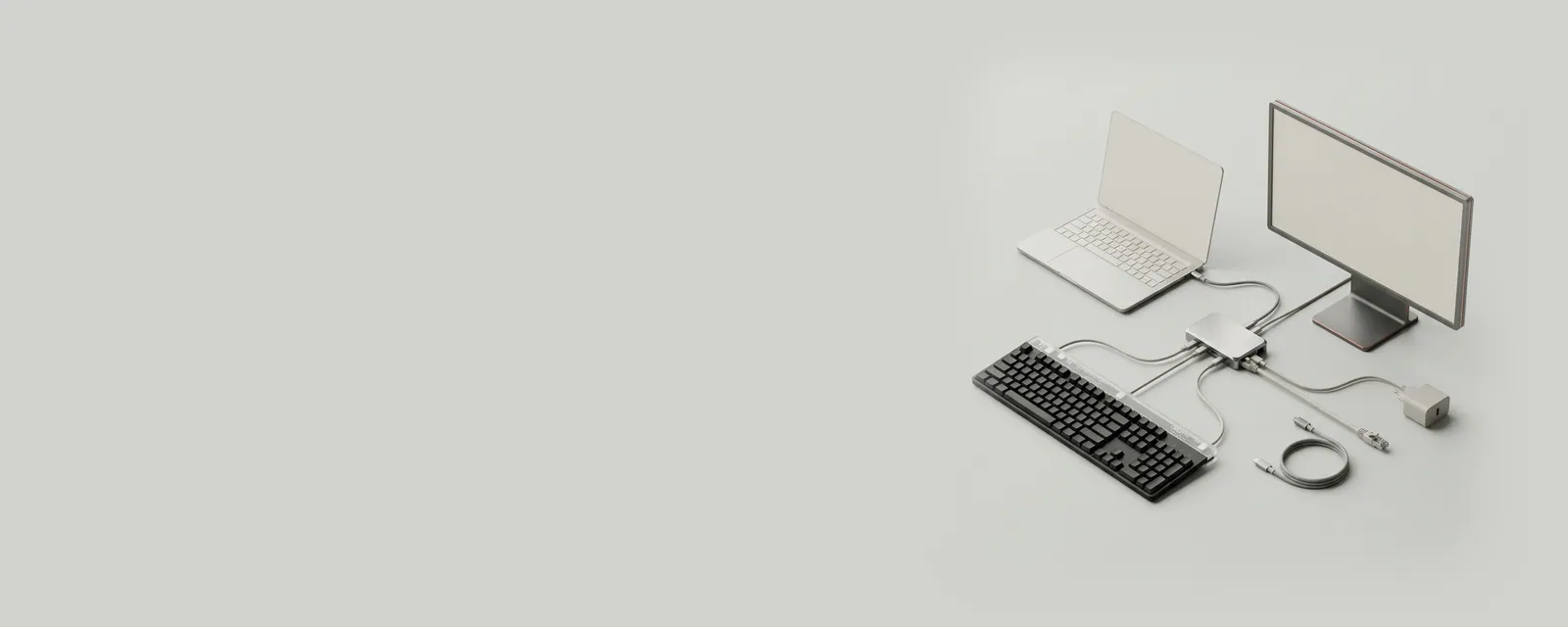 Studio render of a compact aluminium USB-C dock with one cable to a laptop and cables fanning out to a monitor, a keyboard, an Ethernet plug and a charger