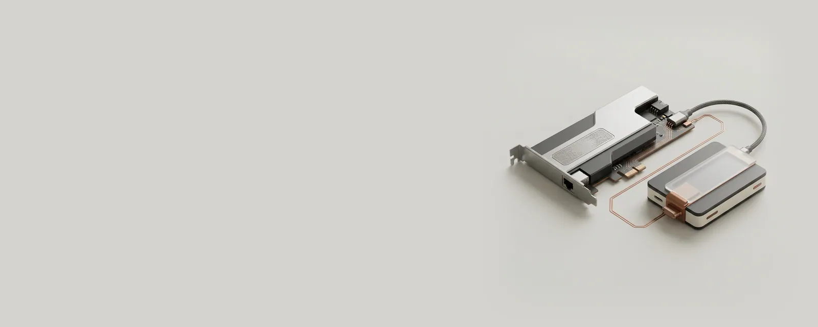 Studio render of a network card with an etched fixed metal tag and a small router with a removable acrylic tag, linked by a fine copper path
