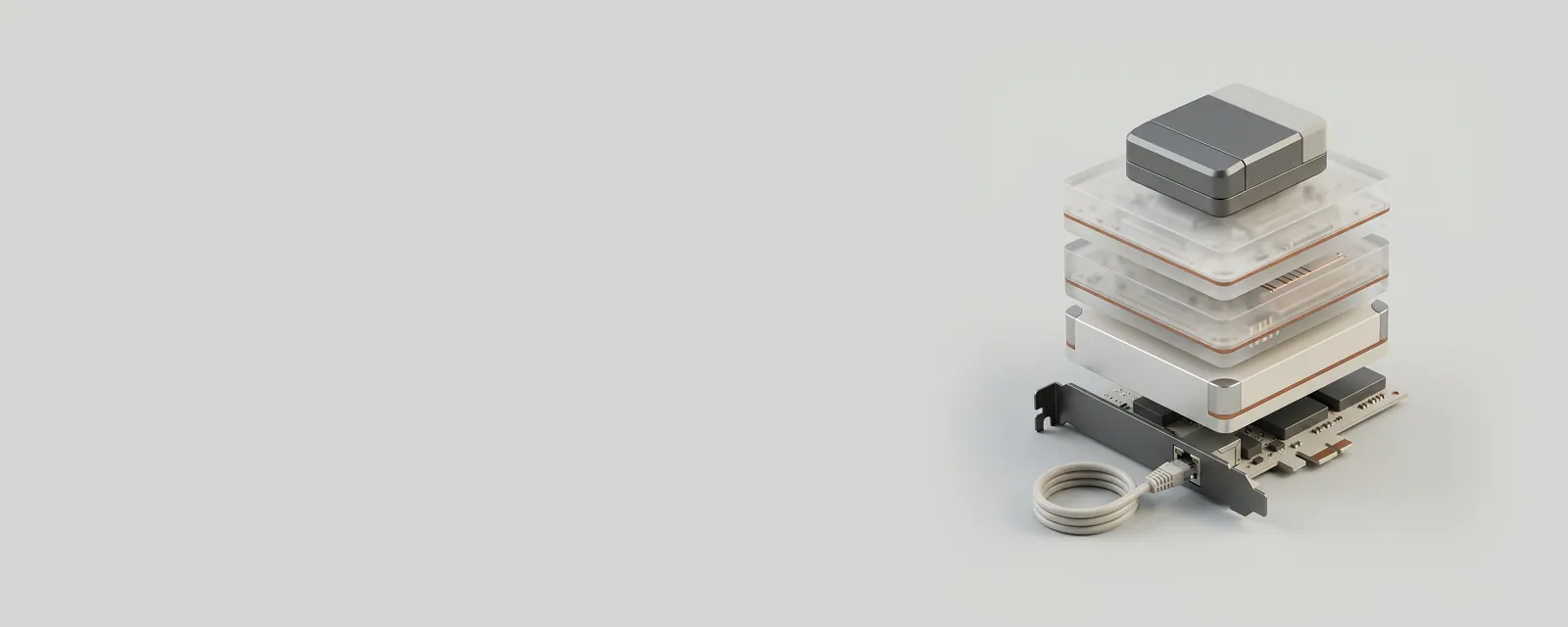 Studio render of a vertical stack of four frosted acrylic layers from a network card at the base to a small application block at the top, an Ethernet cable leaving the base